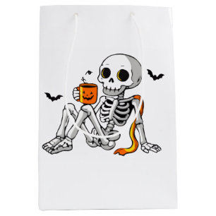 Cozy Halloween Skeleton with Coffee & Bats Mug / S Medium Gift Bag