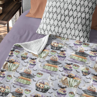 Cozy Halloween Watercolor Illustration Fleece Blanket