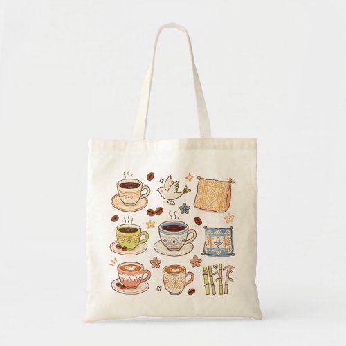 Cozy Hand-Drawn Coffee &amp; Folk Art Doodle Set Tote Bag