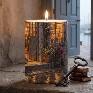 Cozy Harbor Bookstore at Twilight Pillar Candle