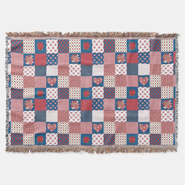 Cozy Hearts and Roses Faux Patchwork Throw Blanket (Front)