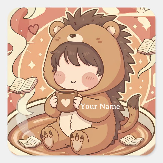 Cozy Hedgehog Coffee Square Journal Sticker (Front)
