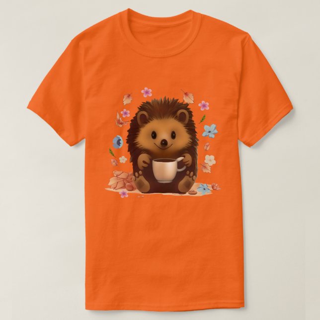 Cozy Hedgehog with Coffee - Cute Autumn Art T-Shirt (Design Front)