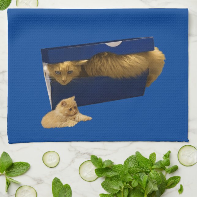 "Cozy Hideaway: The Ginger Cat in the Shoe Box" Kitchen Towel (Folded)