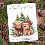 Cozy Highland Cow Farm Animals Merry Christmas  Holiday Postcard<br><div class="desc">Looking for the cutest Christmas cards of the season! Our Highland Cow duo featuring two holiday calves are sure to bring a smile to your loved ones' faces. The design is adorable with the calves wearing a Santa hat and a plaid winter scarf, surrounded by trees and a cozy winter...</div>