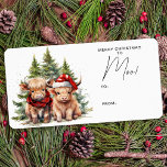 Cozy Highland Cow Farm Animals Merry Christmas  Label<br><div class="desc">Looking for the cutest Christmas cards of the season! Our Highland Cow duo featuring two holiday calves are sure to bring a smile to your loved ones' faces. The design is adorable with the calves wearing a Santa hat and a plaid winter scarf, surrounded by trees and a cozy winter...</div>