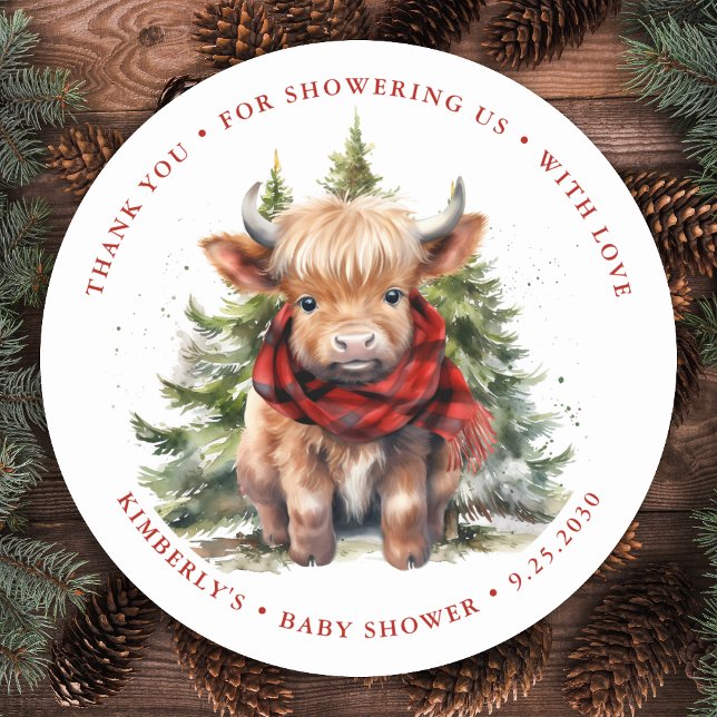 Cozy Highland Cow Farm Animals Winter Baby Shower Classic Round Sticker (Creator Uploaded)