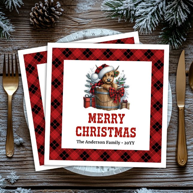 Cozy highland cow holiday napkins red black plaid  (Cozy highland cow holiday napkins red black plaid custom

)