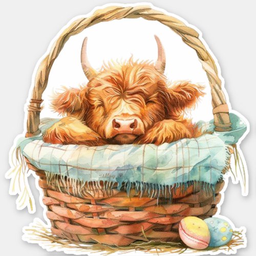 Cozy Highland Cow in a Basket Sticker