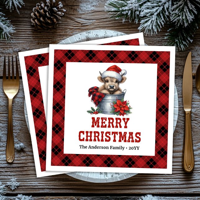 Cozy highland cow red black tartan holiday napkins (Cozy highland cow red black tartan holiday napkin)