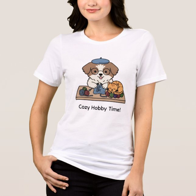 Cozy Hobby Time Dog and Cat Knitting Art Tri-Blend Shirt (Front)