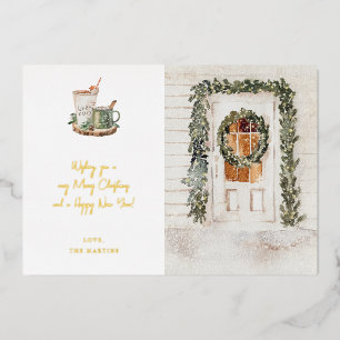 Cozy Holiday Door, Hot Drink Holiday Foil Invitation