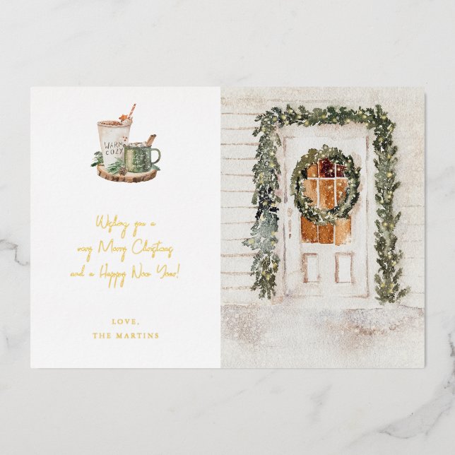 Cozy Holiday Door, Hot Drink Holiday Foil Invitation (Front)