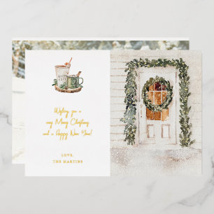 Cozy Holiday Door, Hot Drink & Photo Foil Invitation