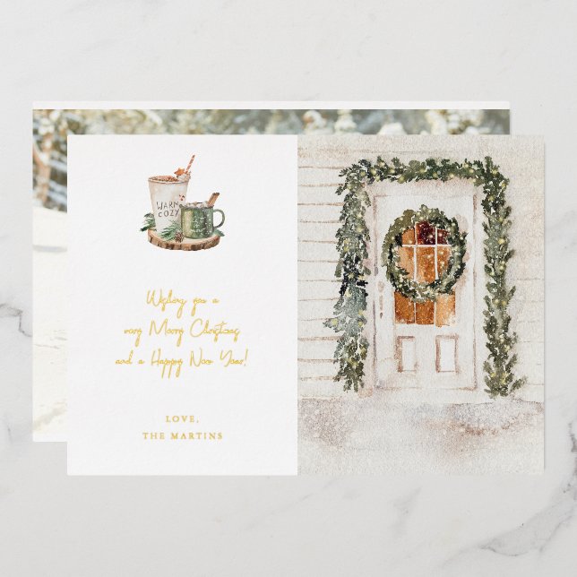 Cozy Holiday Door, Hot Drink & Photo Foil Invitation (Front/Back)