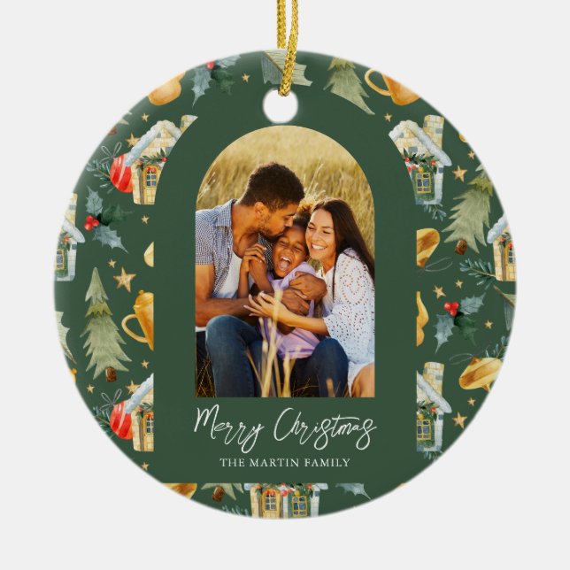 Cozy Holiday Green Illustrated Print Photo Ceramic Ornament (Front)