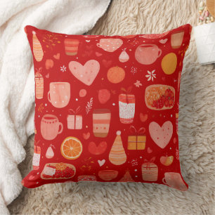Cozy Holiday Mugs and Gifts Red Pattern Throw Pillow