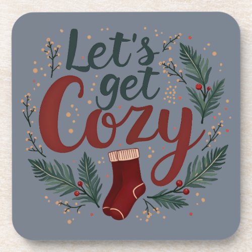 Cozy Holiday Pine Berry Lettering Beverage Coaster