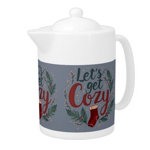 Cozy Holiday Pine Berry Lettering Blue Teapot