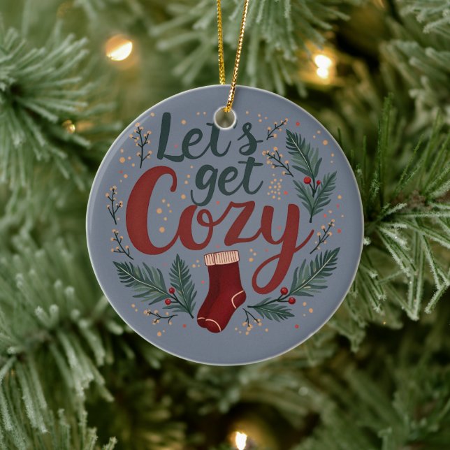 Cozy Holiday Pine Berry Lettering Ceramic Ornament (Tree)
