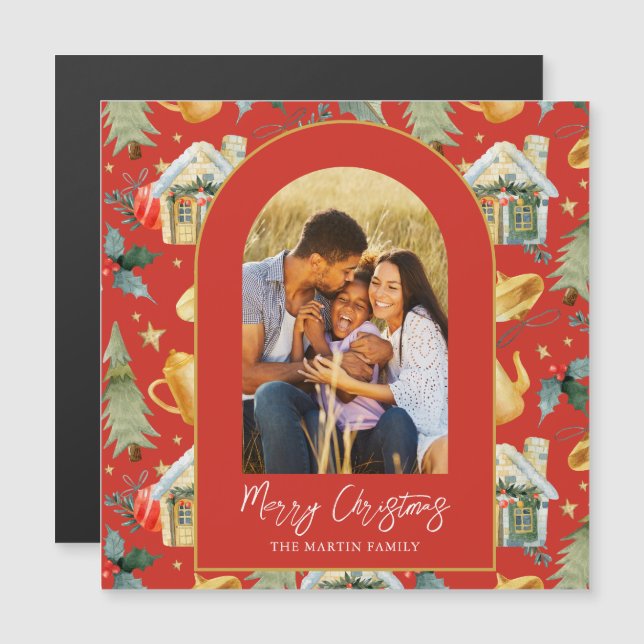 Cozy Holiday Red Illustrated Print Photo Magnet (Front/Back)