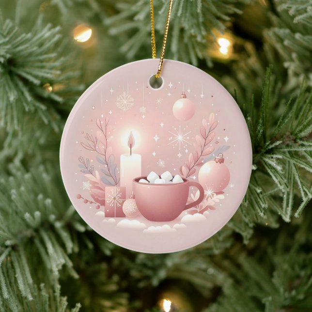 Cozy Holiday Soft Pastel Blush Pink Round Ceramic Ornament (Tree)