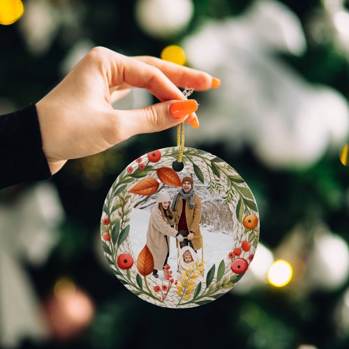 Cozy Holiday Wreath Photo Frame  Ceramic Ornament