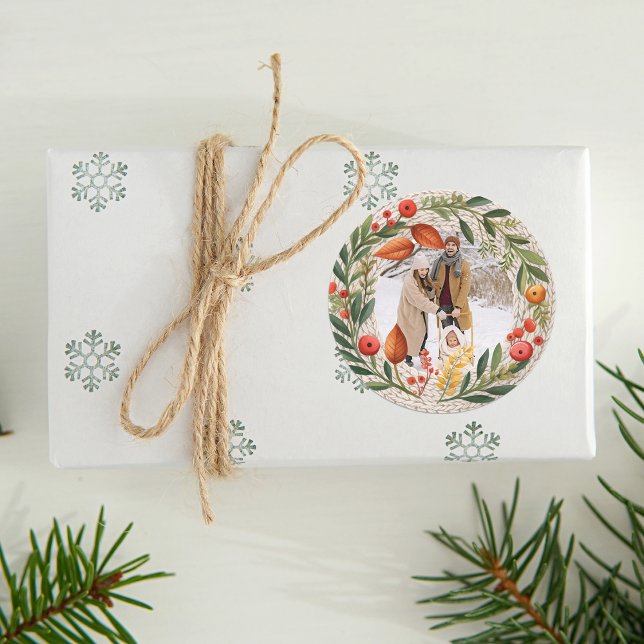 Cozy Holiday Wreath Photo Frame  Classic Round Sticker (Cozy Holiday Wreath Photo Frame Classic Round Sticker)