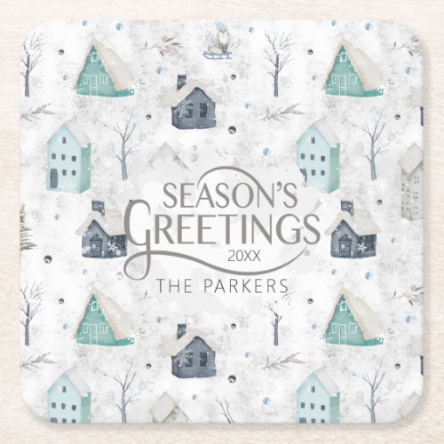 Cozy Home Christmas Teal ID985 Square Paper Coaster