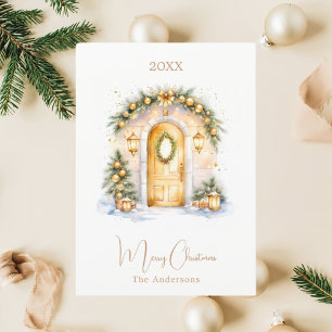 Cozy home entrance door winter Christmas Holiday Card