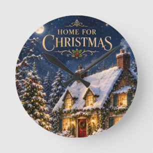 Cozy Home for Christmas , Elegant Snowy House  Round Clock