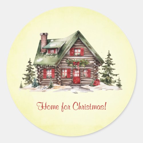 Cozy Home For Christmas Winter Cabin Green Classic Round Sticker