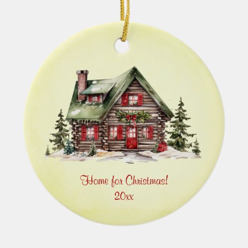 Cozy Home For Christmas Winter Cabin Green Tinted Ceramic Ornament