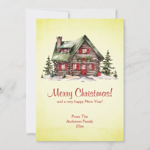 Cozy Home For Christmas Winter Cabin Vintage Green Holiday Card