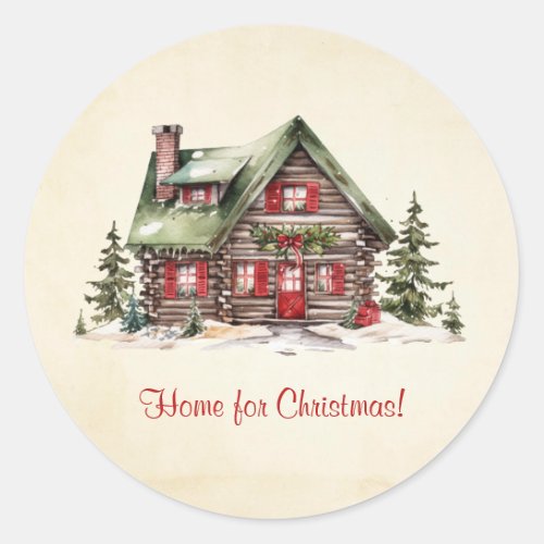 Cozy Home For Christmas Winter Cabin Vintage Paper Classic Round Sticker