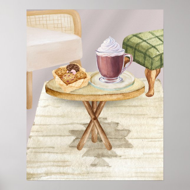 Cozy Hot Chocolate and Cookies on a Wooden Table Poster (Front)