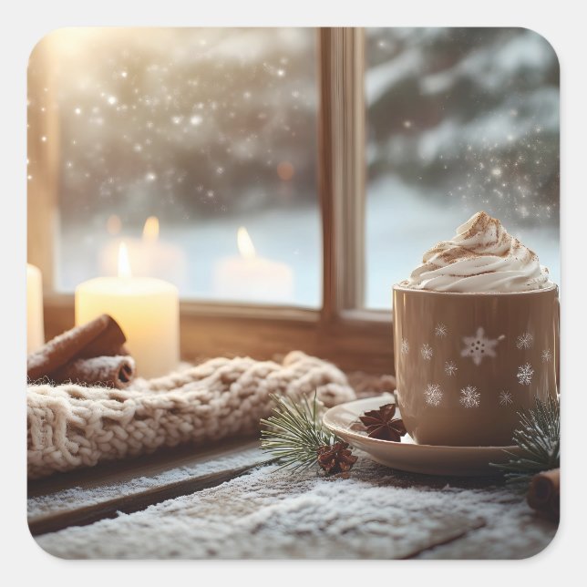 Cozy Hot Chocolate with Cream and Candles Winter  Square Sticker (Front)