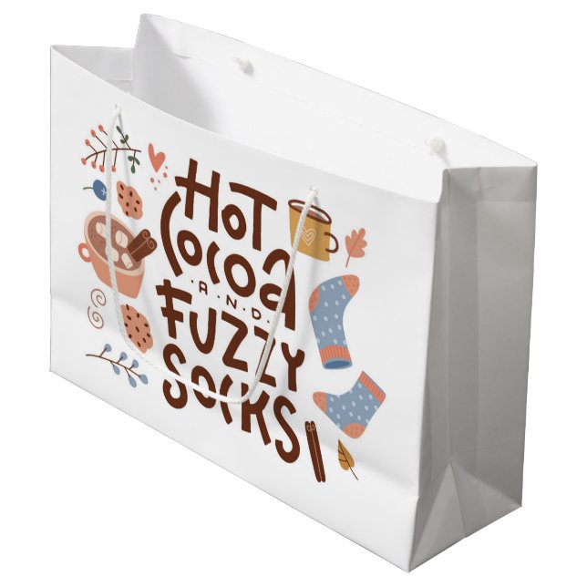 Cozy Hot Cocoa and Fuzzy Socks Design Large Gift Bag (Front Angled)