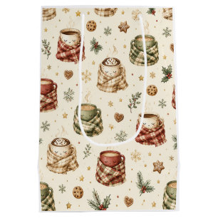 Cozy Hot Cocoa Mugs Plaid Scarves Christmas Medium Gift Bag