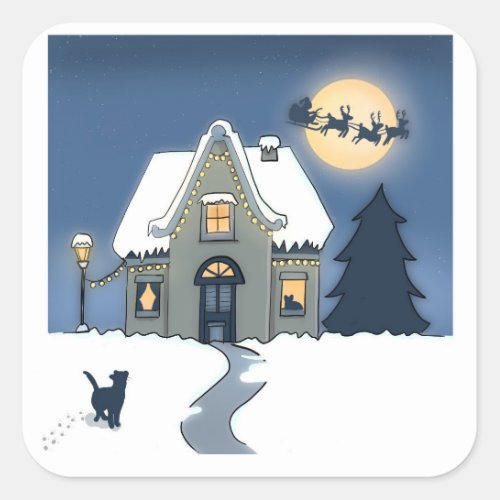Cozy house at night with Santa Sleigh and Cat Square Sticker