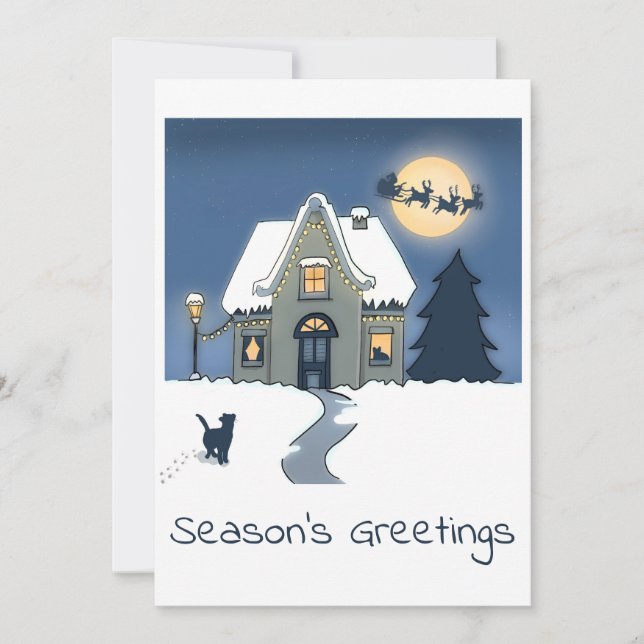 Cozy House in Snowy Christmas Night  Holiday Card (Front)