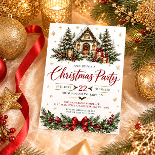 Cozy House Trees Snow Holly Berries Christmas Invitation