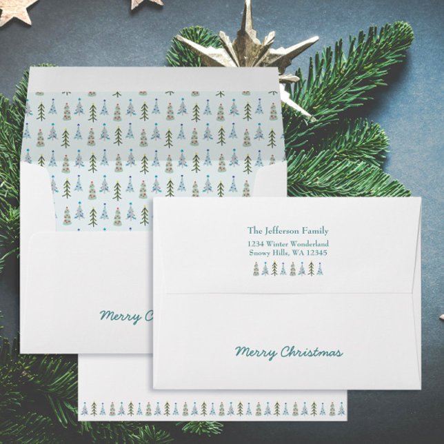 Cozy Hygge Christmas trees return address Envelope (Custom hand drawn Scandinavian icy blue Christmas trees with your address and greeting )