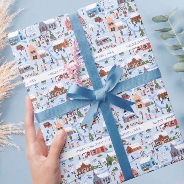 Cozy Hygge Christmas Winter Village Family Name Wrapping Paper (Hygge Scandinavian Christmas Village Wrapping Paper)