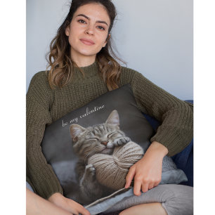 Cozy Hygge Valentine Tabby Cat Yarn Heart Throw Pillow