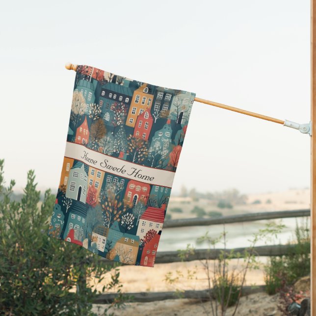 Cozy Hygge Village Nordic Folk Art, custom House Flag (Insitu (Back))