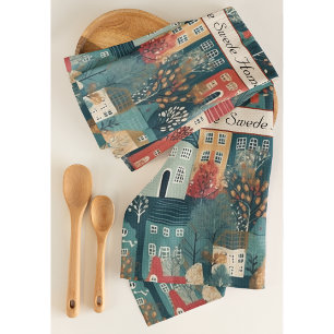 Cozy Hygge Village Nordic Folk Art, custom Kitchen Towel