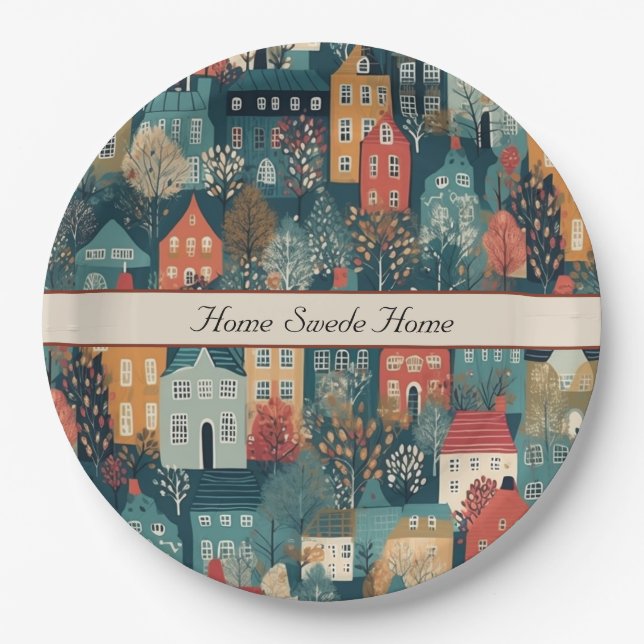 Cozy Hygge Village Nordic Folk Art, custom Paper Plates (Front)
