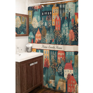 Cozy Hygge Village Nordic Folk Art, custom Shower Curtain