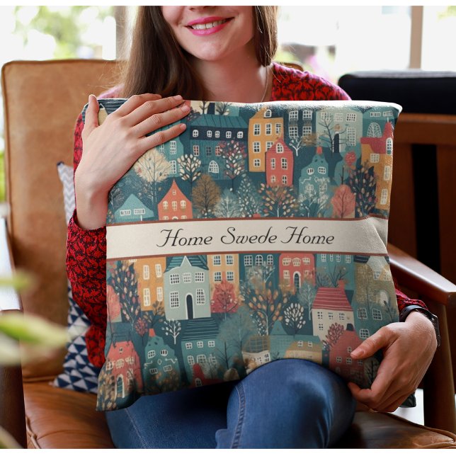 Cozy Hygge Village Nordic Folk Art, custom Throw Pillow (Creator Uploaded)